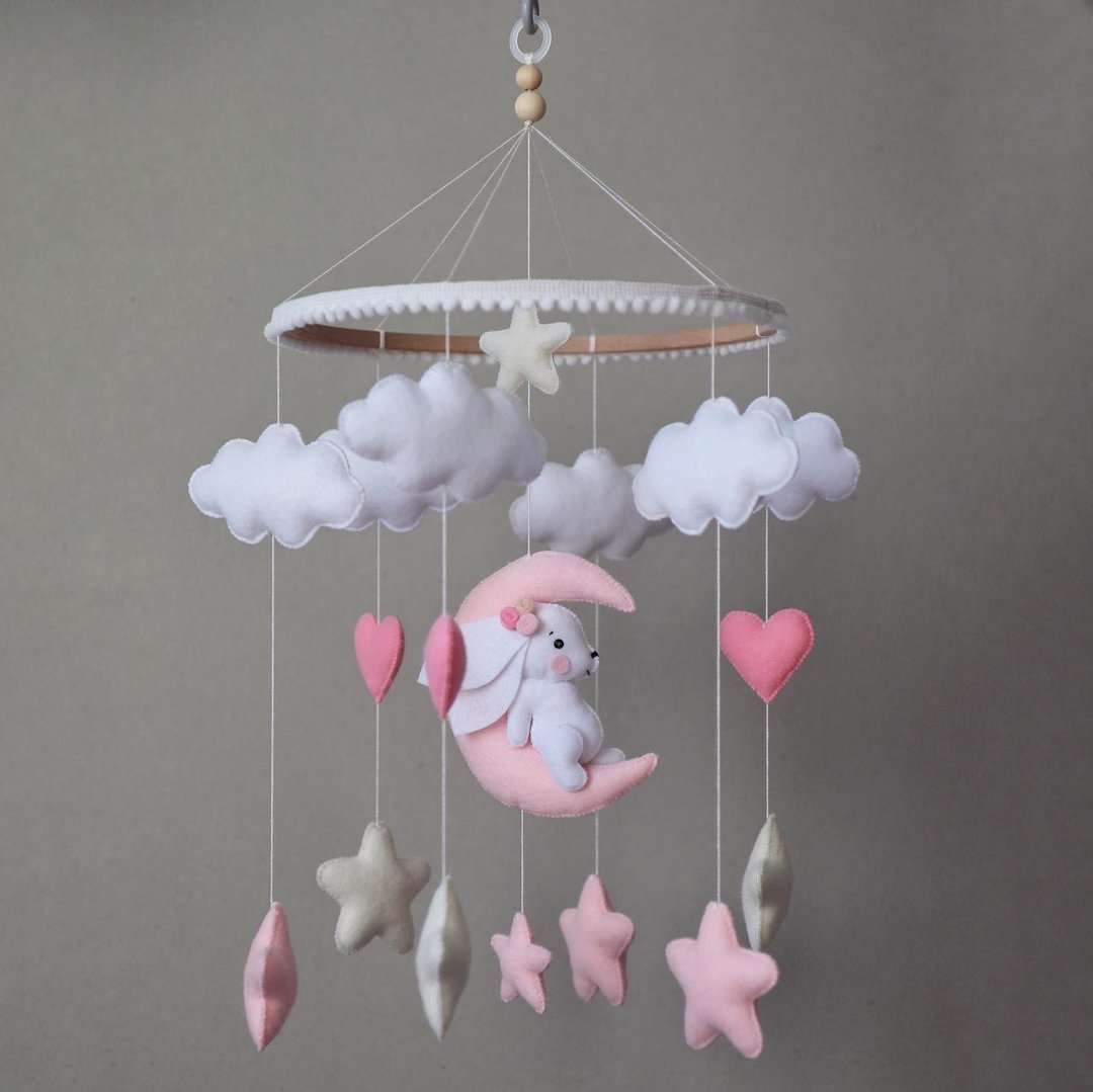 Baby mobile, baby crib mobile, bunny mobile, rabbit toy for baby - 玩具/玩偶 - 聚酯纤维 粉红色