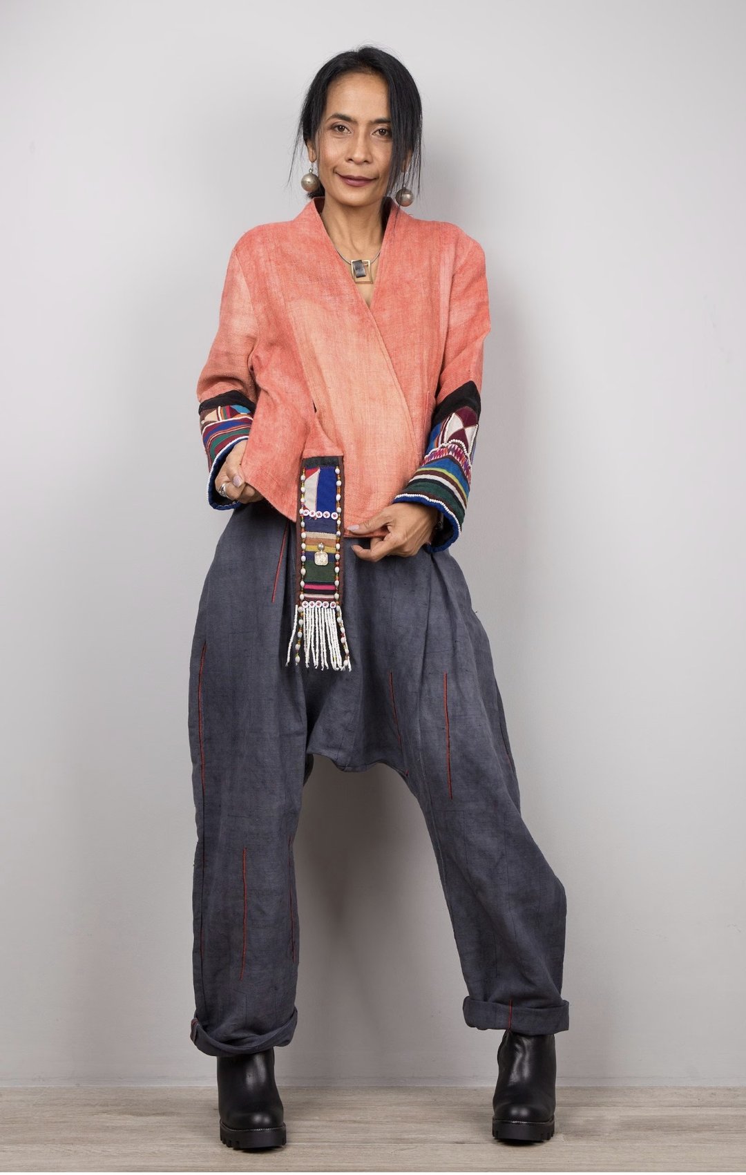 Hill tribe / Ethnic crop top jacket / unique design, long sleeve outer - 女装休闲/机能外套 - 棉．麻 橘色