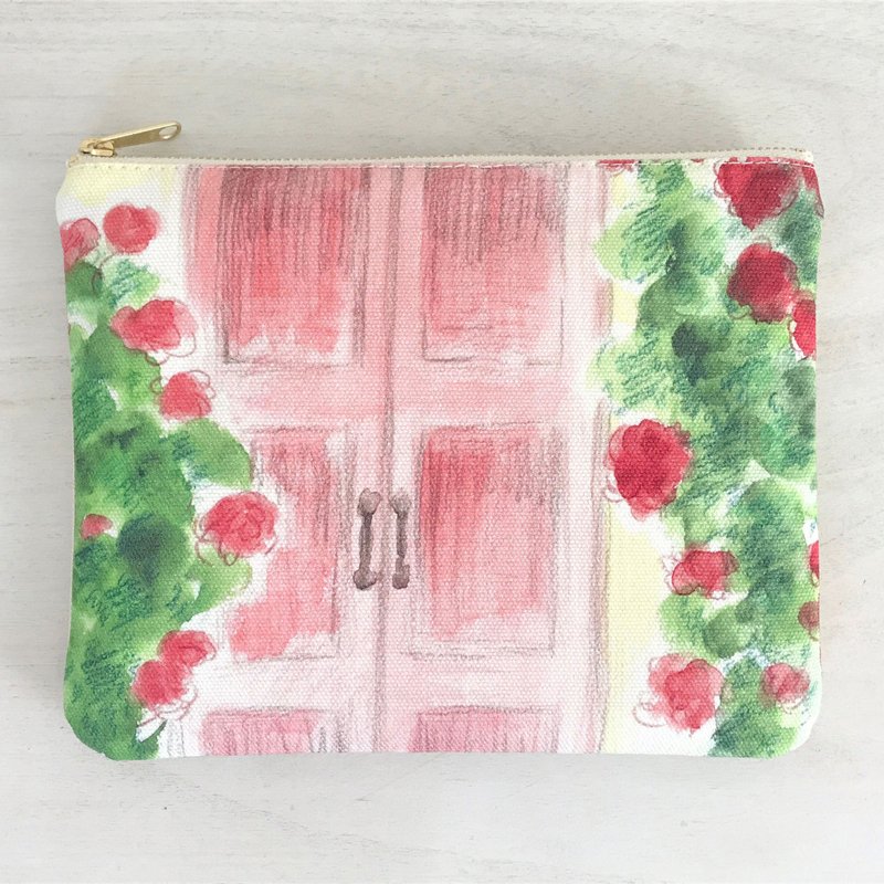Joy Flowery Flat Pouch Red - 化妆包/杂物包 - 棉．麻 红色