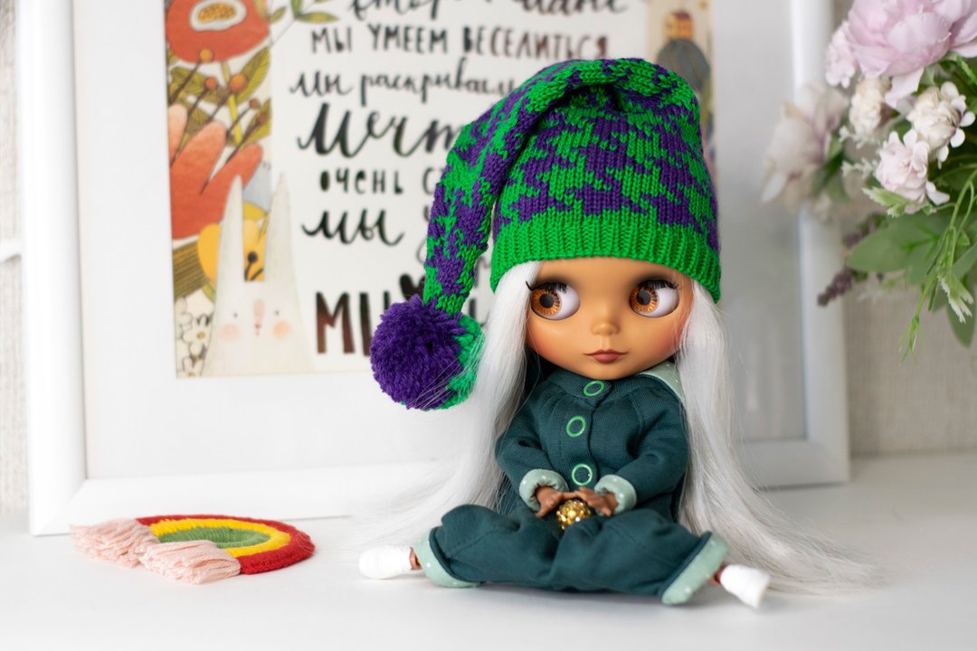 Green hat for Blythe, Pullip doll, knitted cap, doll accessories, 娃娃针织衣服, 娃娃帽 - 玩偶/公仔 - 羊毛 绿色