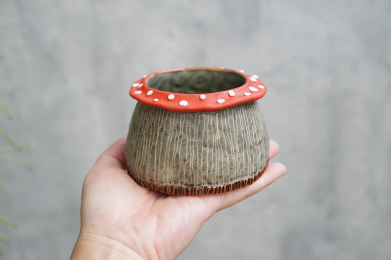 蘑菇盆、手工陶瓷、仙人掌、盆景、陶土 - 花瓶/陶器 - 陶 红色