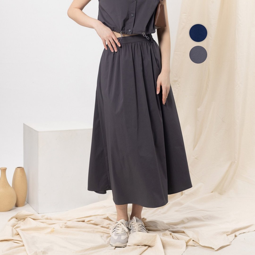 【MEDUSA】简约素色休闲长裙(附腰带)- 2色(M-XL) | 长裙 宽裙 - 裙子 - 棉 灰色