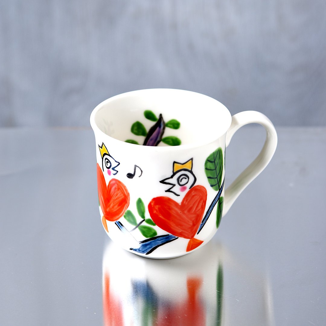 Red heart bird mug talking on the treetop - 咖啡杯/马克杯 - 瓷 红色
