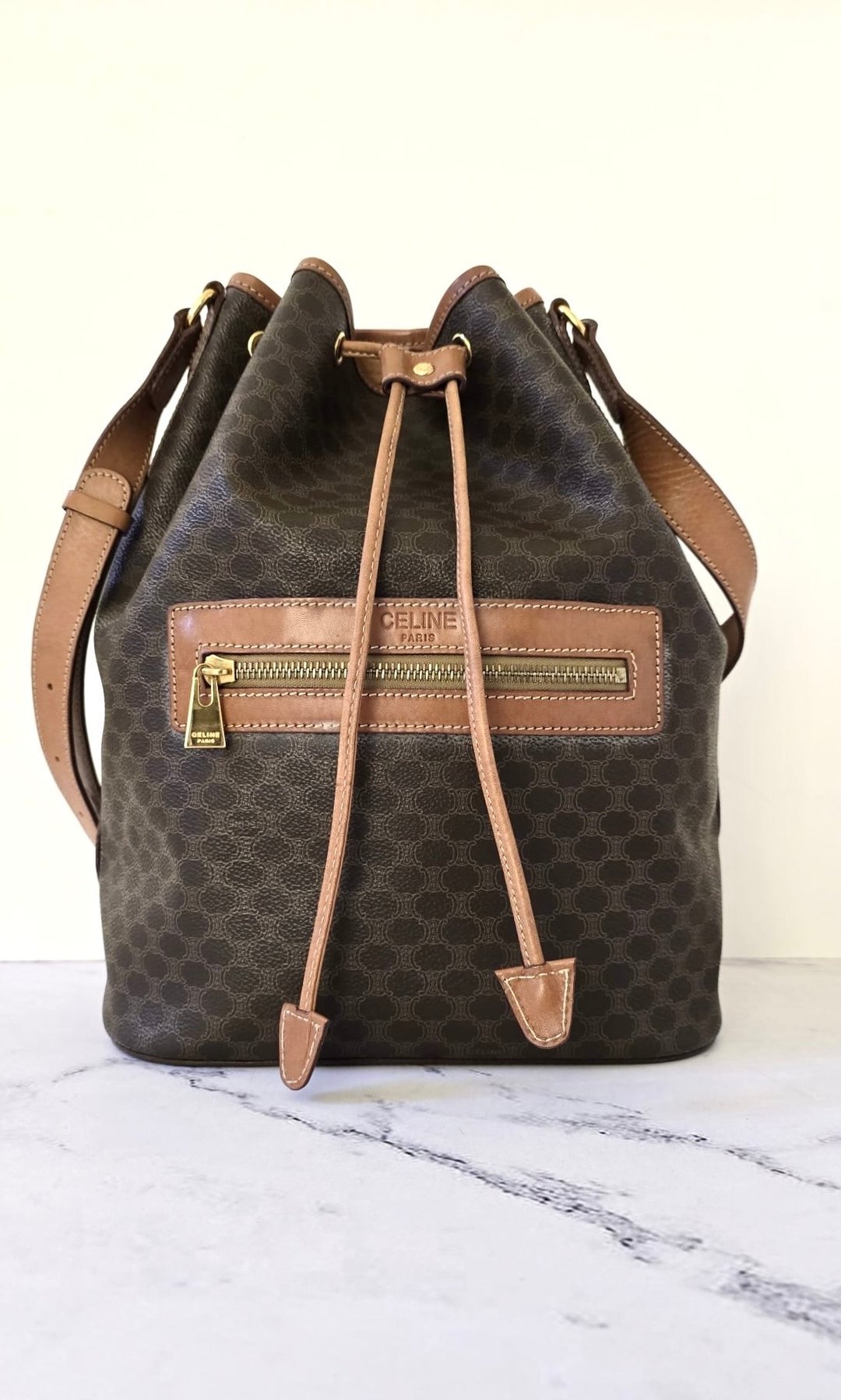 绝版古董包 Celine 老花中古水桶包 单肩包 皮革包 斜背复古二手 - 侧背包/斜挎包 - 真皮 咖啡色