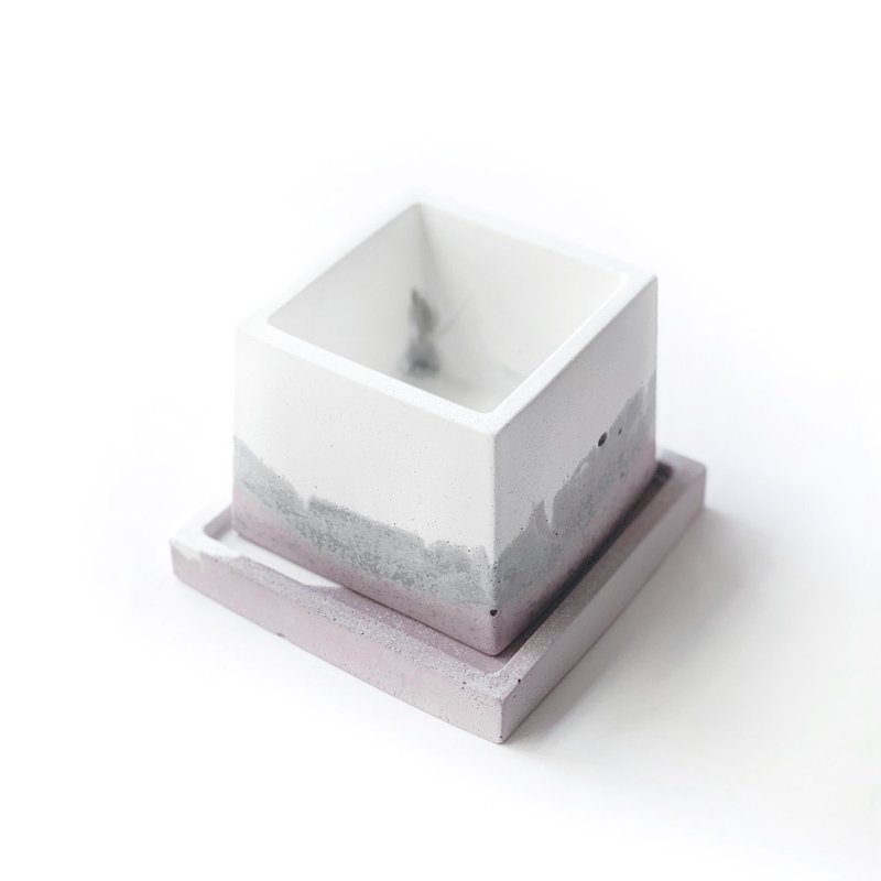 (预购) 莫兰迪粉系列两件组 | 方形三色不规则水泥盆器+底盘 - 花瓶/陶器 - 水泥 粉红色