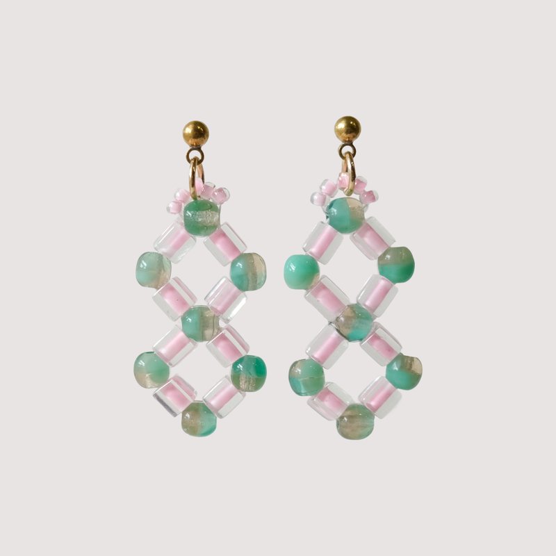 双方块花砖 - 粉红 耳针耳夹 - 耳环/耳夹 - 玻璃 粉红色