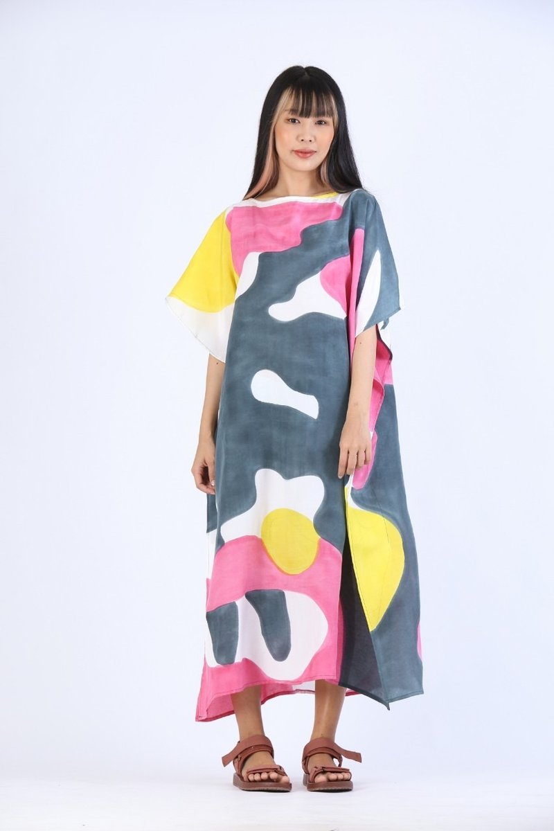 Hand Painted Cotton Silk Kaftan for Summer Resort Vacation - 洋装/连衣裙 - 聚酯纤维 粉红色