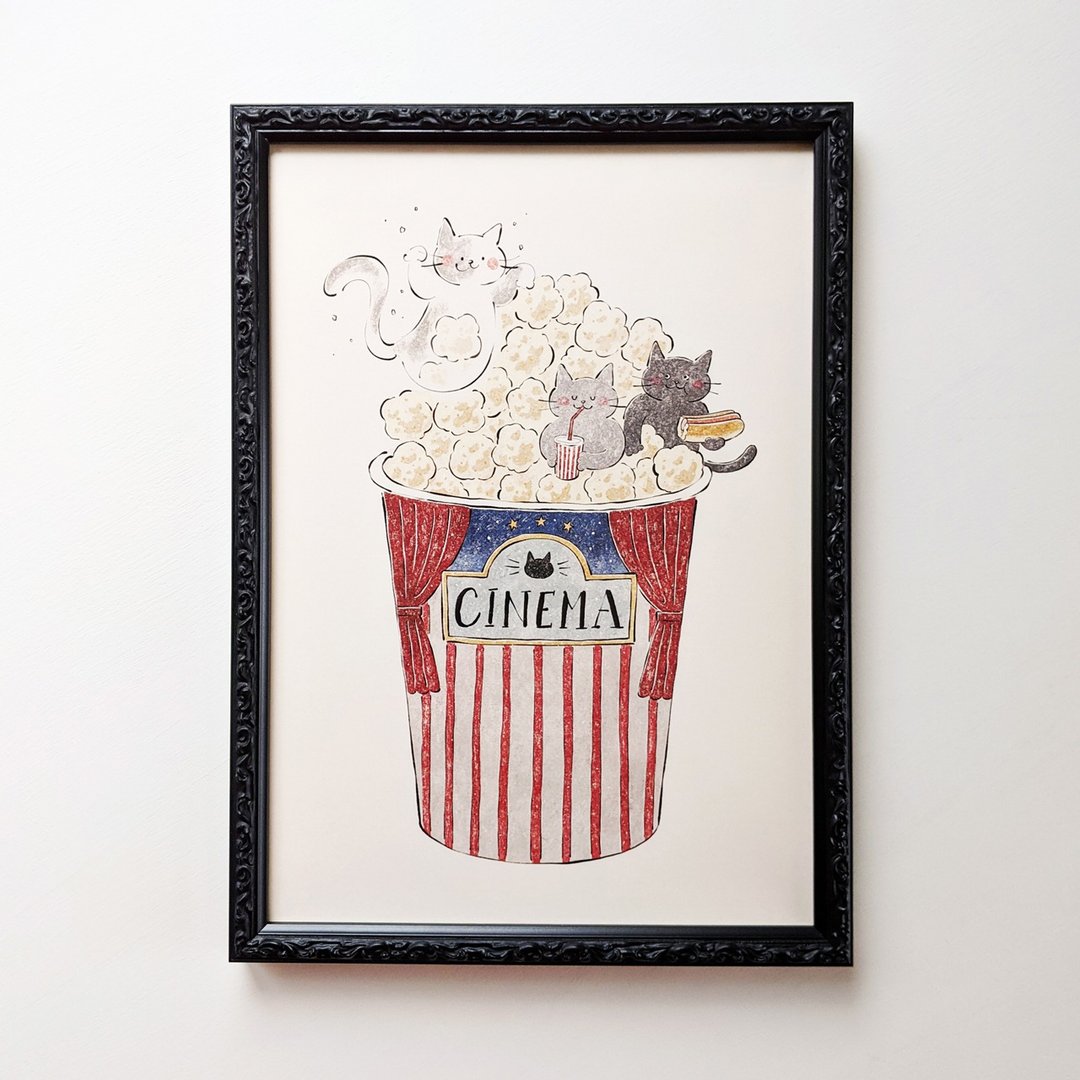 A4 Cats and movie theater Art print - 海报/装饰画/版画 - 纸 红色