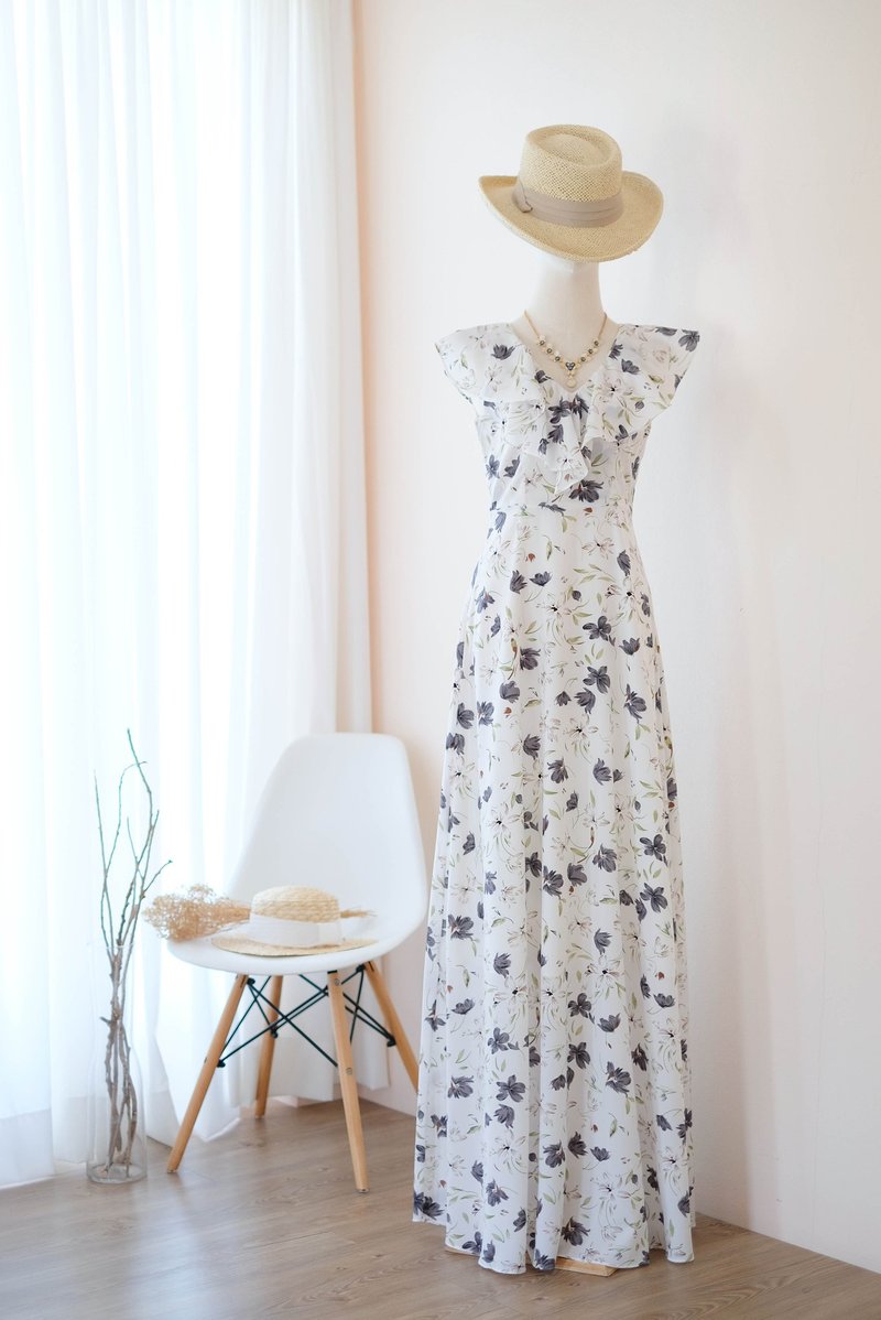 White floral dress Maxi ruffle floor length bridesmaid party Cocktail sundress - 晚装/礼服 - 聚酯纤维 白色