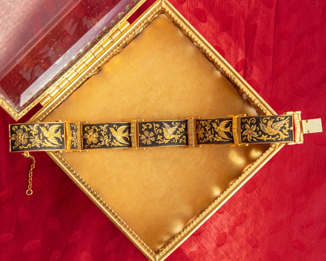 西班牙古董 大马士革 24K/18K金属镶嵌工艺 鸟与花草图腾宽版手链 - 手链/手环 - 24k 金 金色