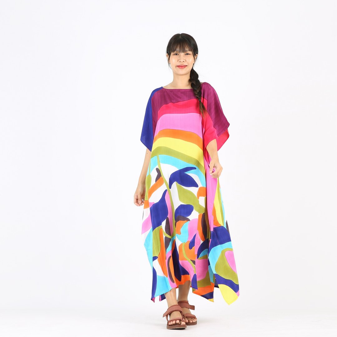Hand Painted Cotton Silk Kaftan for Summer Resort Vacation - 洋装/连衣裙 - 棉 多色