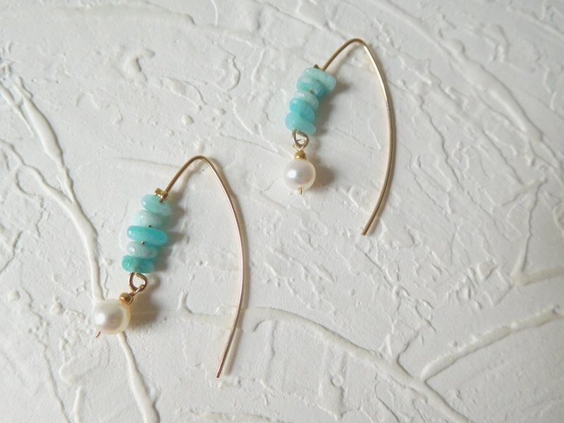 14K包金钩式天河石珍珠耳环 预定款 - 耳环/耳夹 - 其他材质 蓝色