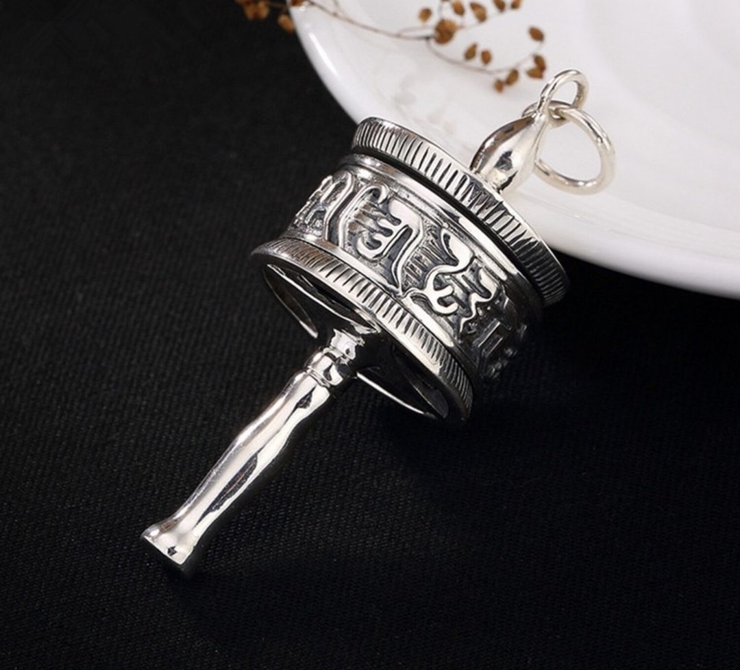 Real 925 Sterling Silver Unisex Tibetan Prayer Wheel Pendant without Chain - 长链 - 纯银 银色