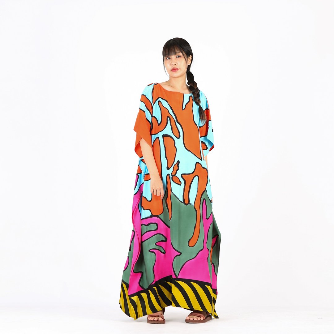 Hand Painted Cotton Silk Kaftan for Summer Resort Vacation - 洋装/连衣裙 - 棉 多色