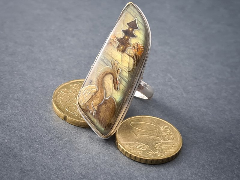 Dragon ring Labradorite ring Stone painting dragon Aaa large labradorite ring - 戒指 - 宝石 金色