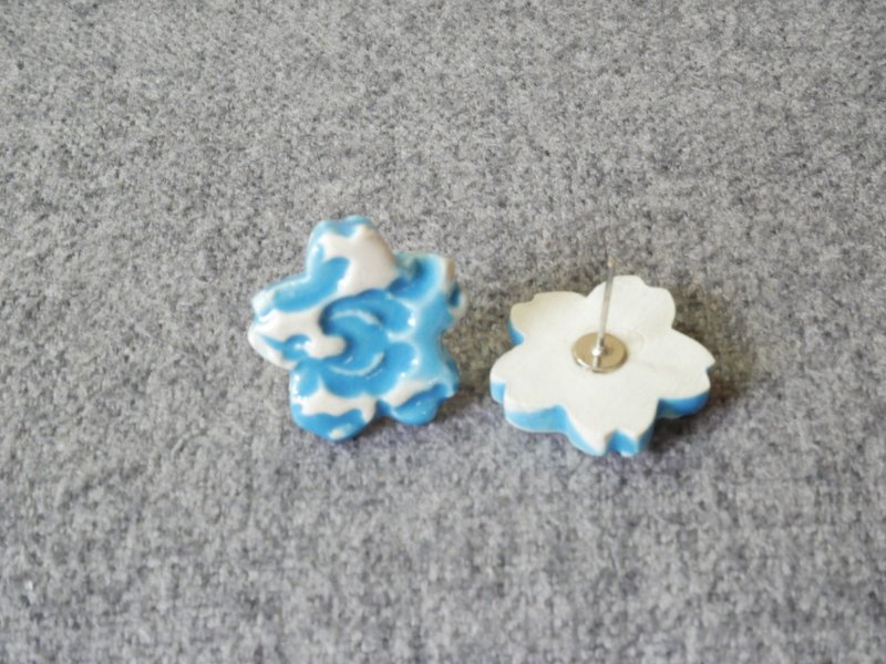 花雕陶艺耳环 蓝色 - 耳环/耳夹 - 陶 蓝色