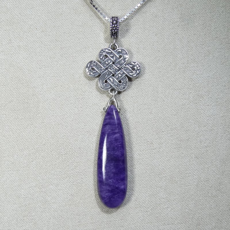 坠子 紫龙晶 吉祥结 刻花 双面银饰 项链 925银 手工 双面 宝石 - 项链 - 宝石 紫色
