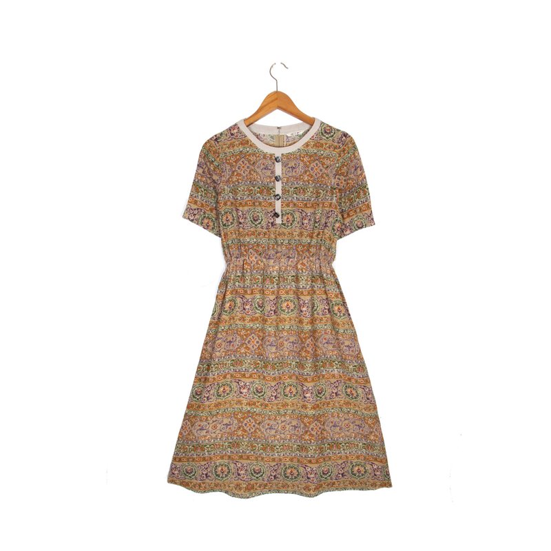 【蛋植物古着】花神壁画印花短袖古着洋装 - 洋装/连衣裙 - 聚酯纤维 橘色