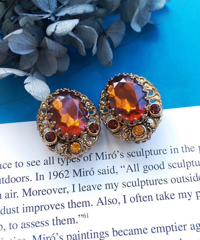 Vintage Jewelry 西洋古董饰品 西德制 琥珀色调 经典 夹式耳环 - 耳环/耳夹 - 其他金属 金色