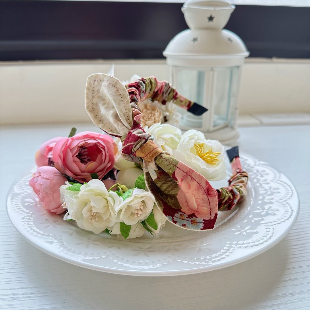 纯棉拼布绑结蝴蝶结细版发箍头箍发饰-棕红色花卉 - 发饰 - 棉．麻 咖啡色