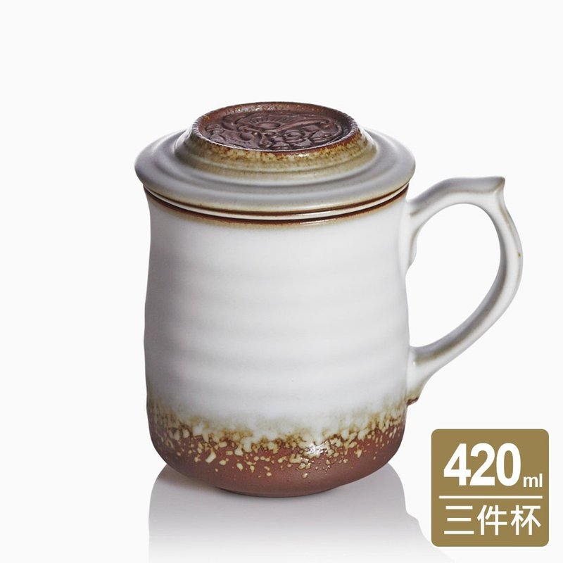 花蝶对话三件杯 / 附茶漏 / 陶 / 油脂釉 420ml - 咖啡杯/马克杯 - 瓷 咖啡色
