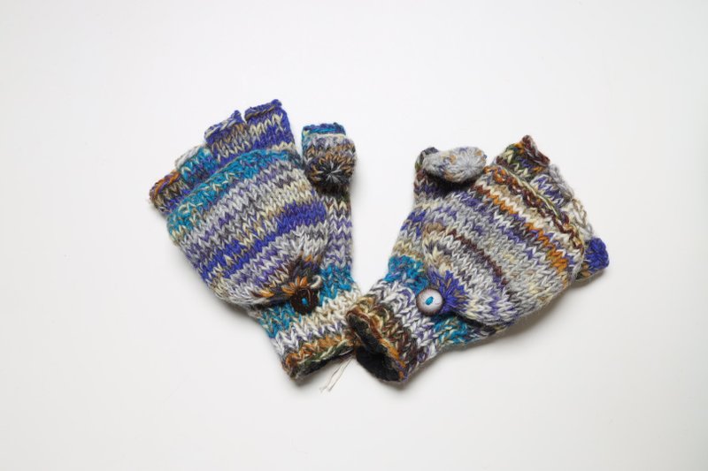 蓝色渐层条纹翻盖手套海水配色纯羊毛线手工编织摇粒绒全内衬保暖 - 手套 - 羊毛 蓝色