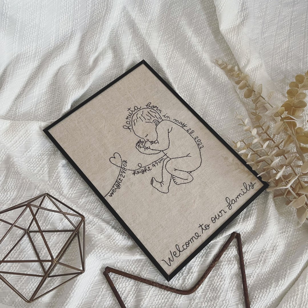 Semi-order   line art embroidery board - 满月礼盒 - 棉．麻 白色