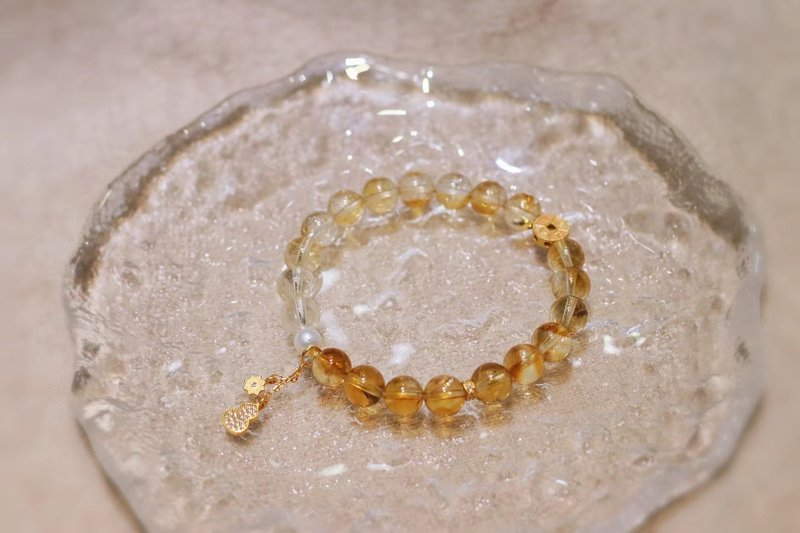 原创国风天然黄胶花渐变手链搭配天然淡水珍珠古法银八方来财 - 手链/手环 - 水晶 