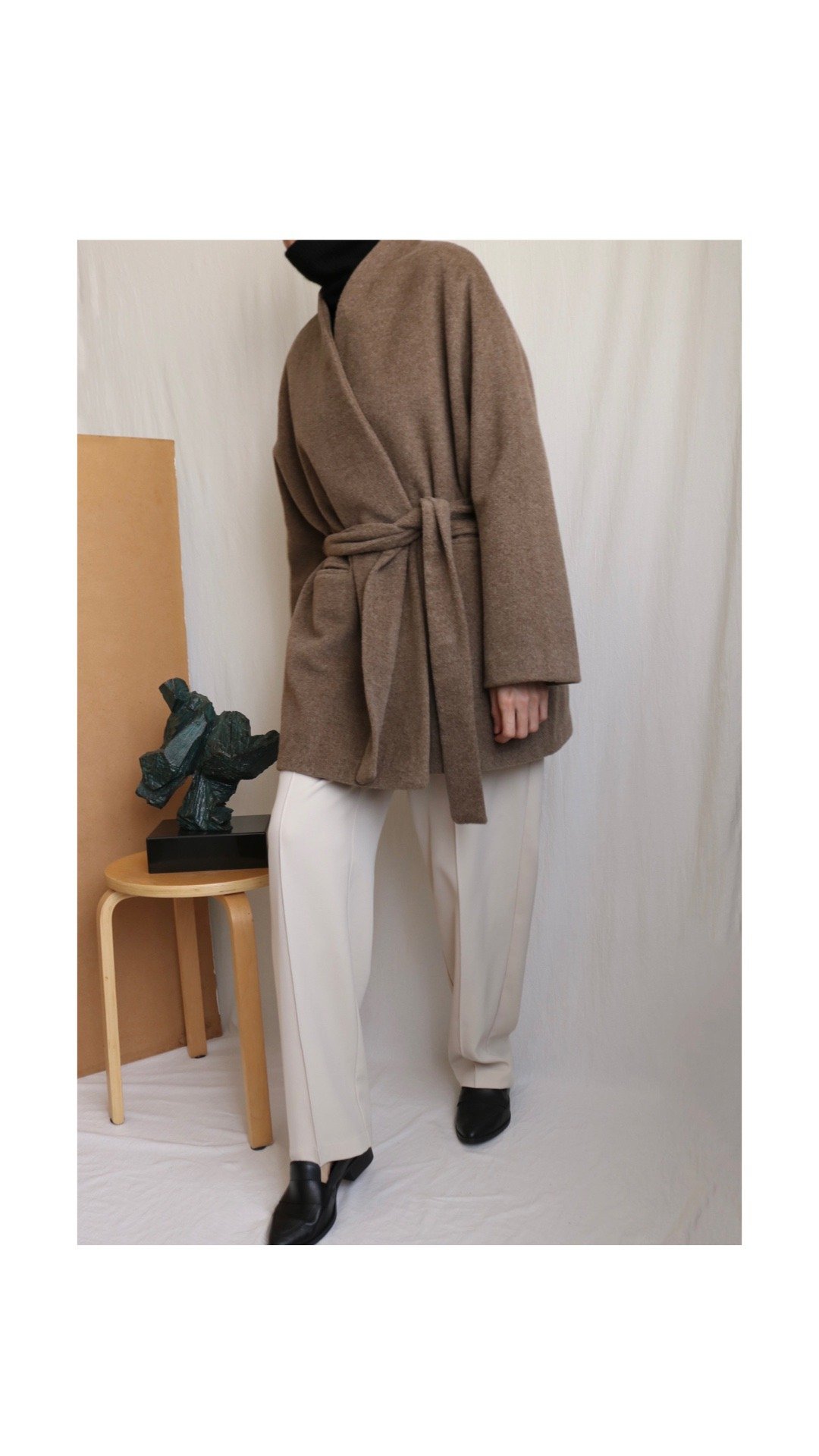 现代和服羊毛混纺绑带短大衣-花摩卡 - 女装休闲/机能外套 - 羊毛 