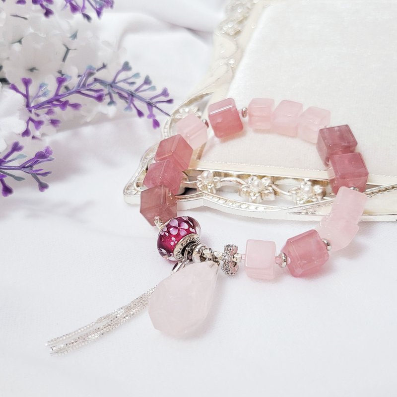 稀有酒红粉晶 魔方 琉璃 花开富贵 人缘 爱情 灵性 手链 礼物 - 手链/手环 - 宝石 粉红色