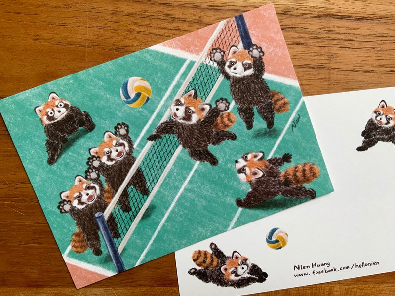 小熊猫打排球  明信片 - 卡片/明信片 - 纸 绿色