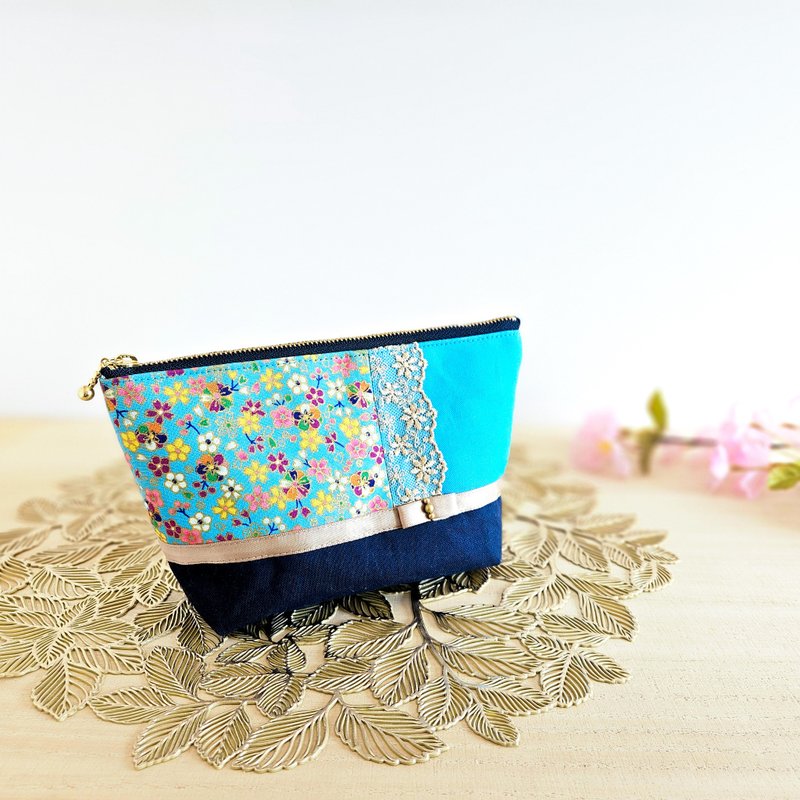 樱花大尺寸收纳包 - 化妆包/杂物包 - 棉．麻 蓝色