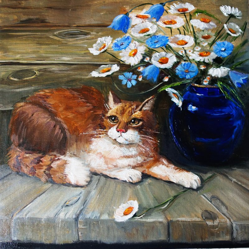 Cat Painting Oil Pet Original Art Animal Artwork Impasto Canvas Art - 海报/装饰画/版画 - 其他材质 多色