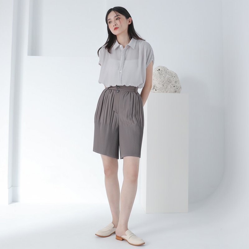 Mimi_靡靡渐褶短裤_ 22SF207_灰 - 背带裤/连体裤 - 聚酯纤维 灰色