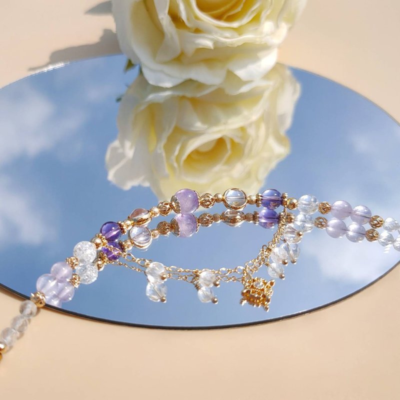 紫烟罗。薰衣草紫水晶 紫水晶 白水晶 14K包金 水晶矿石设计手链 - 手链/手环 - 水晶 紫色