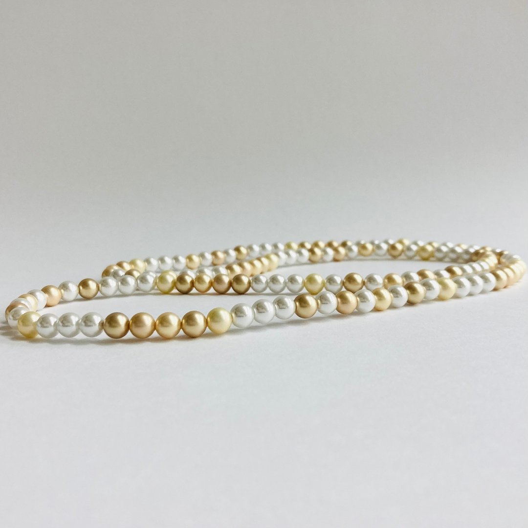 玻璃混合珍珠歌剧式项链／无尽绳编／6mm 约75cm／黄色x白色混合／日本制造 - 项链 - 玻璃 黄色