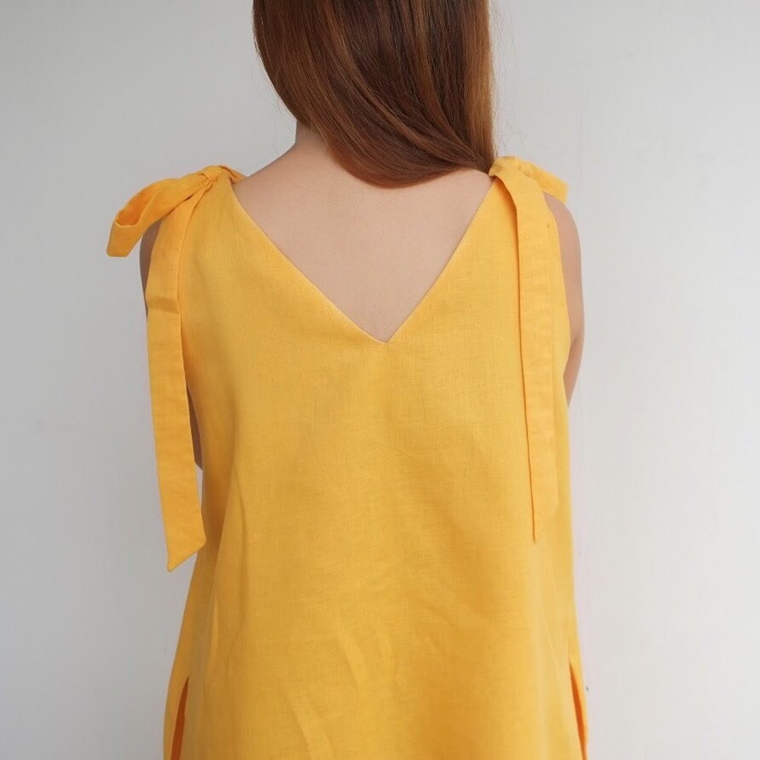 Foak Tie Top Dress - 洋装/连衣裙 - 棉 黄色