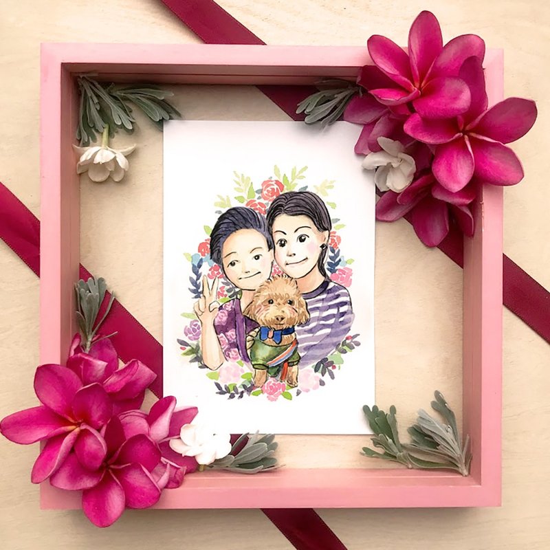 【情人节礼物】全家福似颜绘/满满心意人像卡片/手绘插画 - 订制画像 - 纸 粉红色