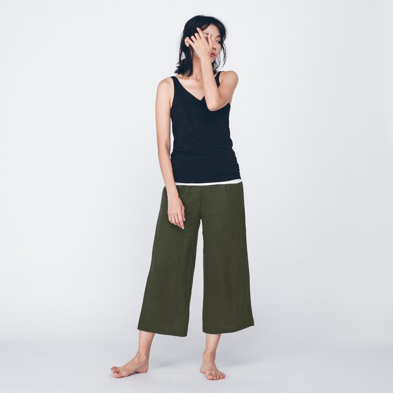 亚麻七分裤 - 墨绿 - 女装长裤 - 棉．麻 绿色