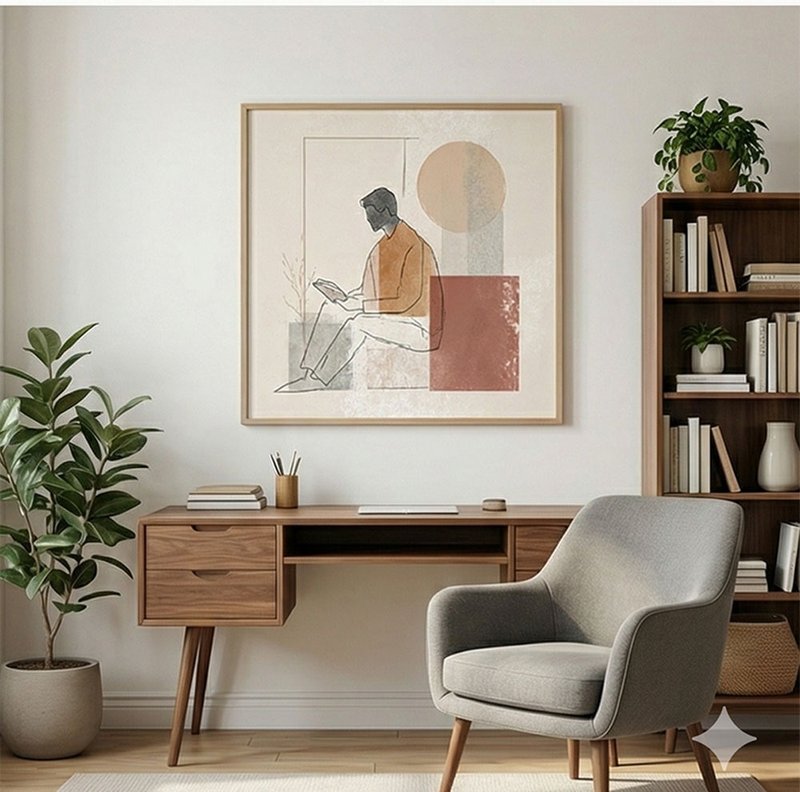 午后阅读的剪影1 抽象线条人物挂画 艺术微喷 北欧侘寂风书房客厅 - 海报/装饰画/版画 - 棉．麻 