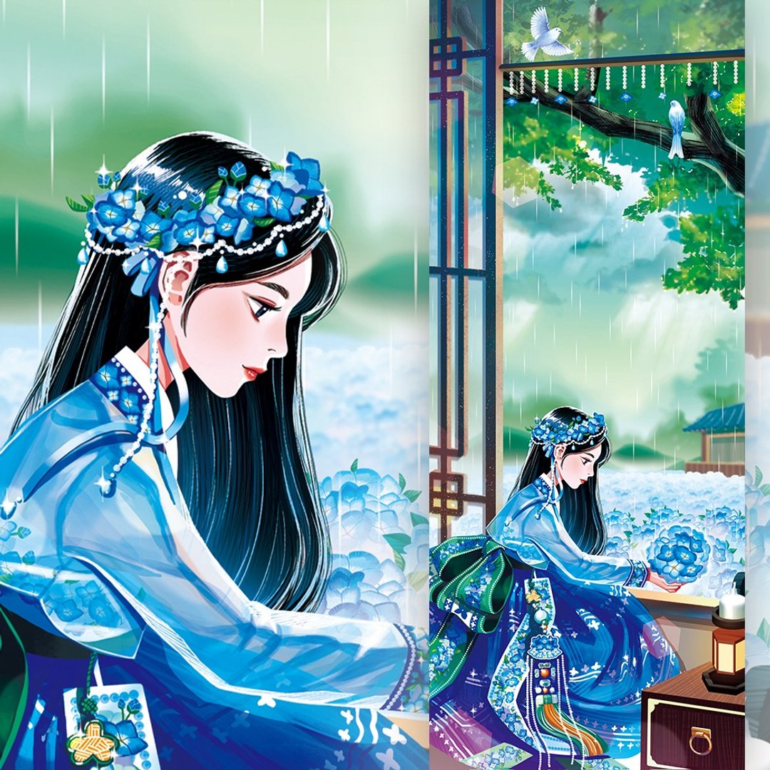 四季 - 夏日女孩韩服插画明信片 (uha) 书签 - 卡片/明信片 - 纸 蓝色