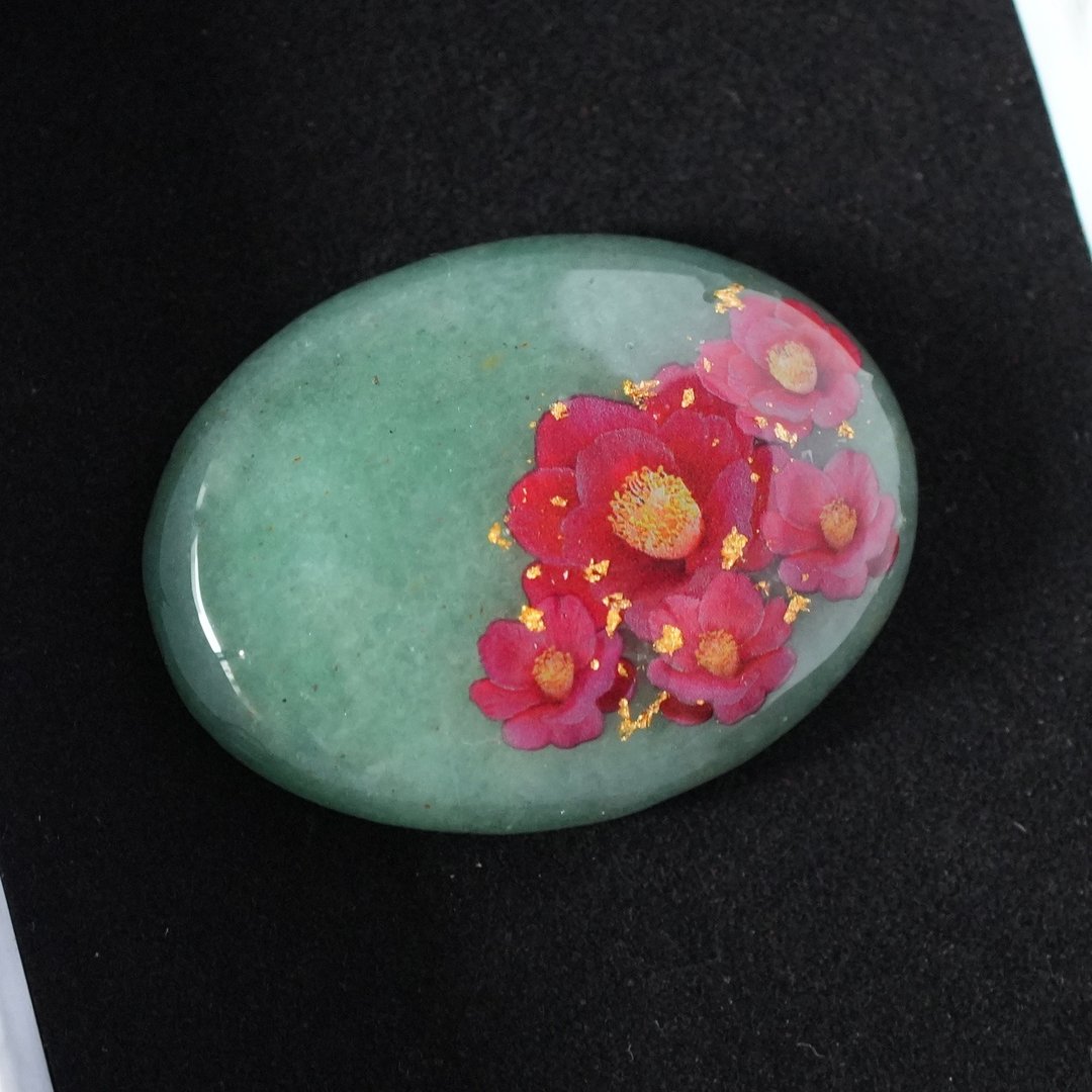 天然石绿水晶与椿花、金箔和服饰品 马尾发圈 胸针 24k - 其他 - 宝石 绿色