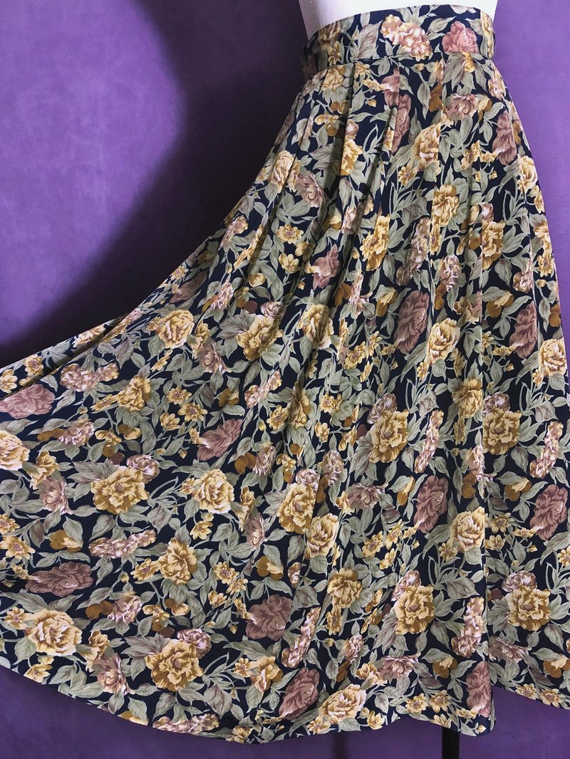繁花蓝墨色大裙摆古着裙/ 国外带回 VINTAGE - 裙子 - 聚酯纤维 多色
