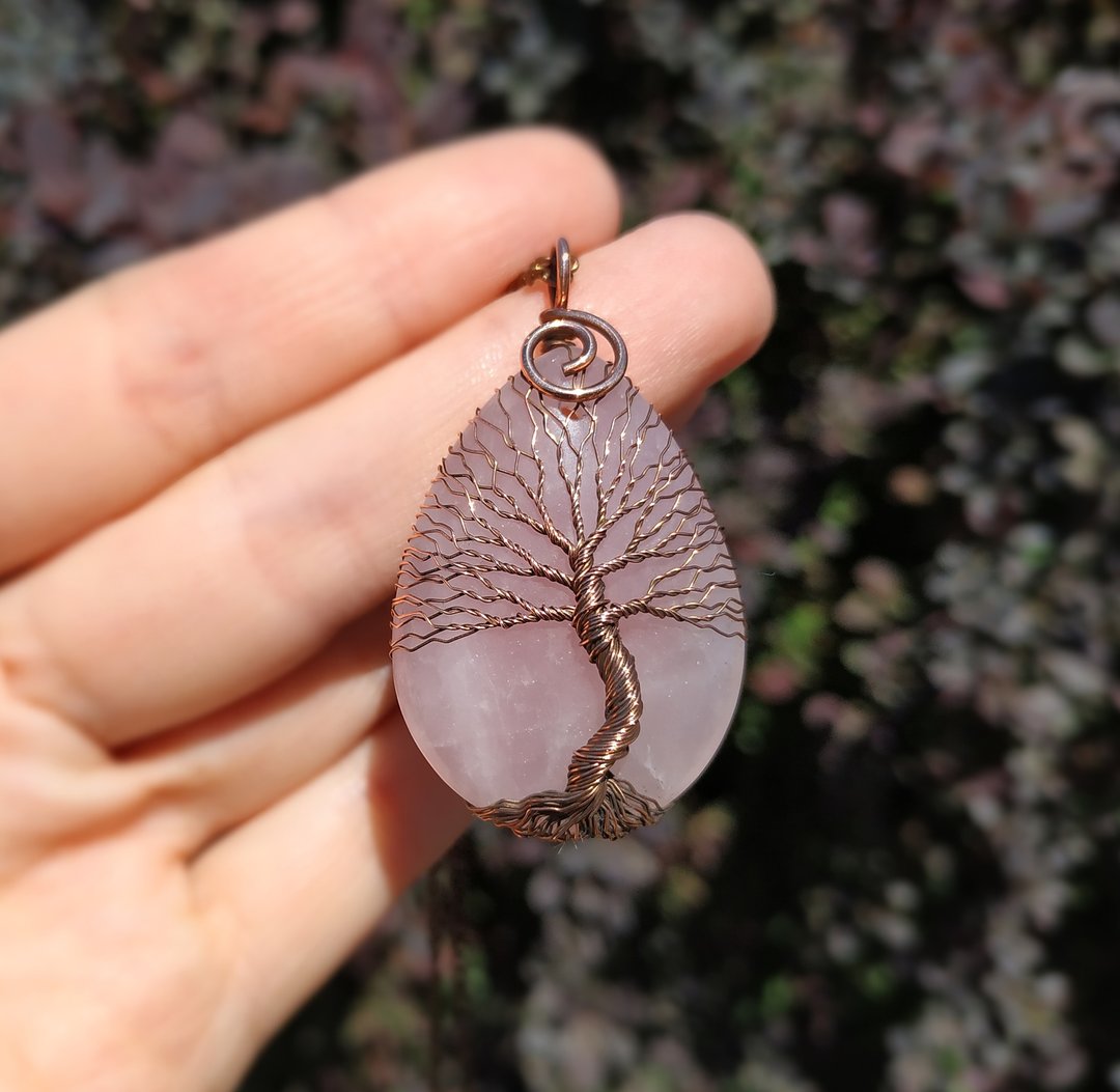 Tree of Life Celtic Copper Wire Wrapped Rose Quartz Pendant - Handmade Jewelry - 项链 - 其他金属 粉红色