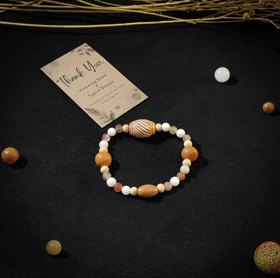 Pottery bead &amp; Milky Quartz, Orange Aventurine Handmade Bracelet - 手链/手环 - 其他材质 多色