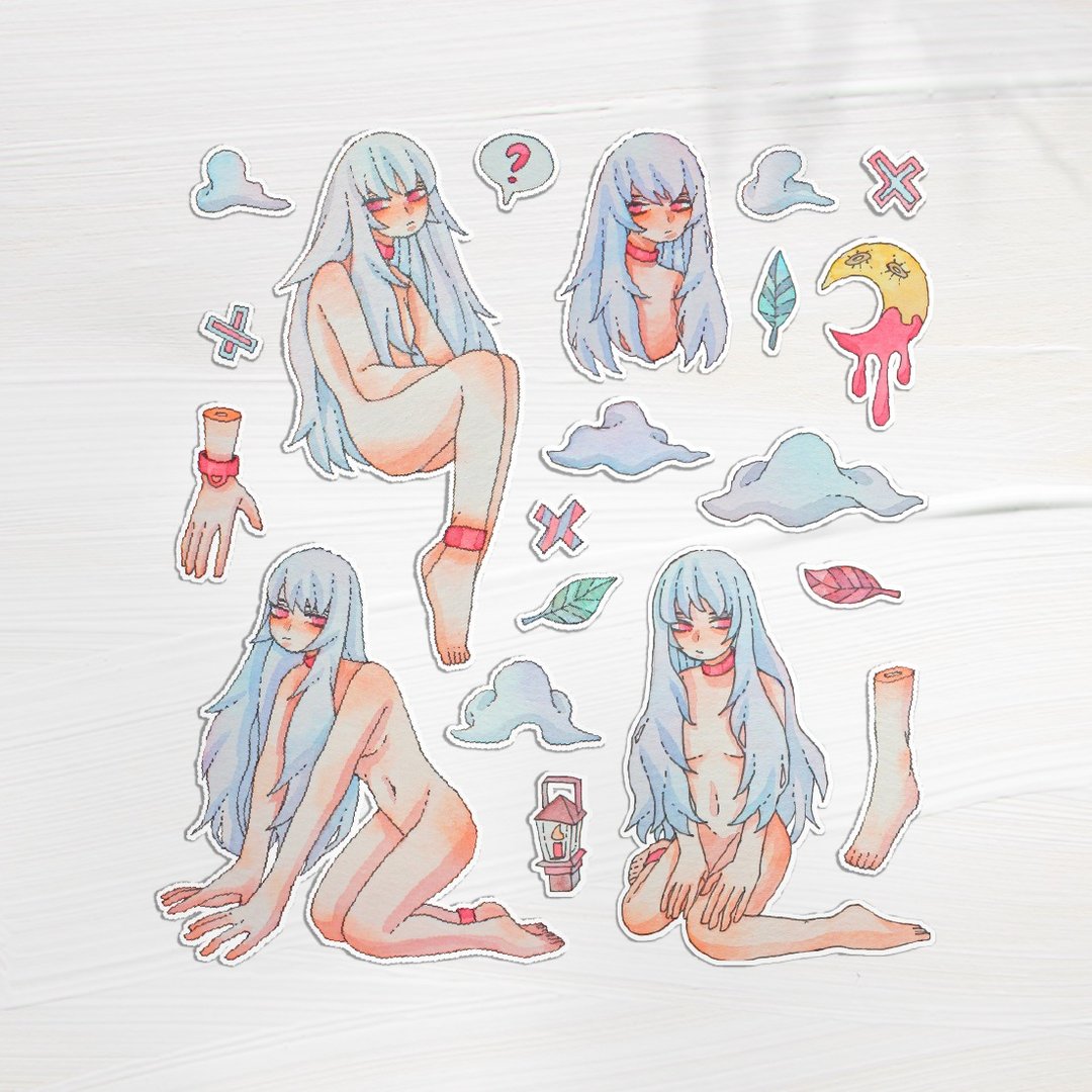 赤身少女手绘水彩贴纸20入 - 贴纸 - 纸 蓝色
