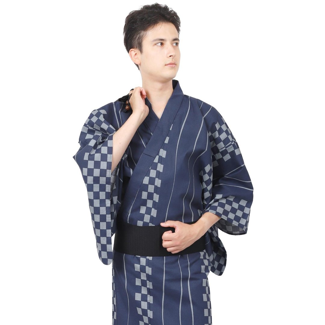 男士纯棉浴衣三件组 免打结角带 腰绳 M/L Z40-l-2-4 - 其他 - 棉．麻 蓝色