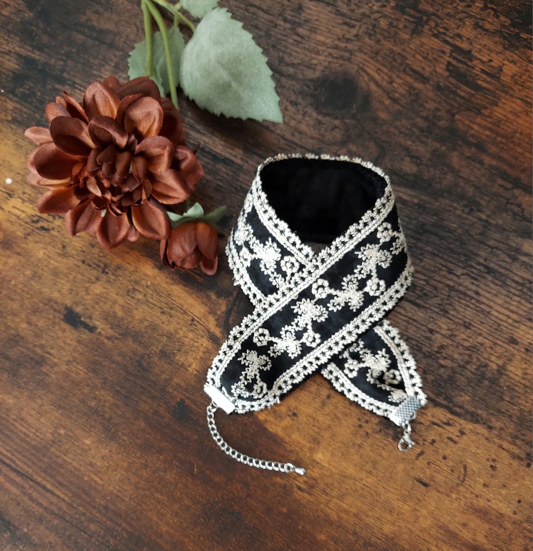 Indian Embroidery Ribbon Choker - 项链 - 不锈钢 银色