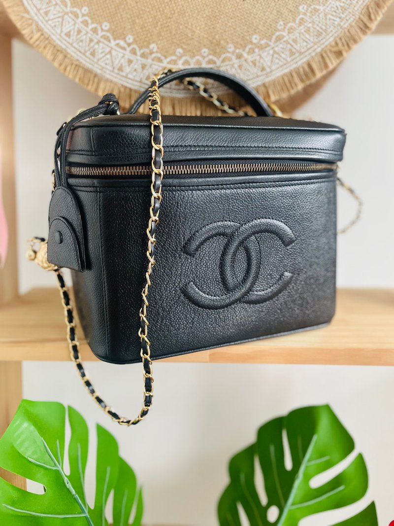 稀有 - 香奈儿Chanel中古荔枝皮双C大logo化妆包 - 附背带吊饰 - 手提包/手提袋 - 真皮 黑色