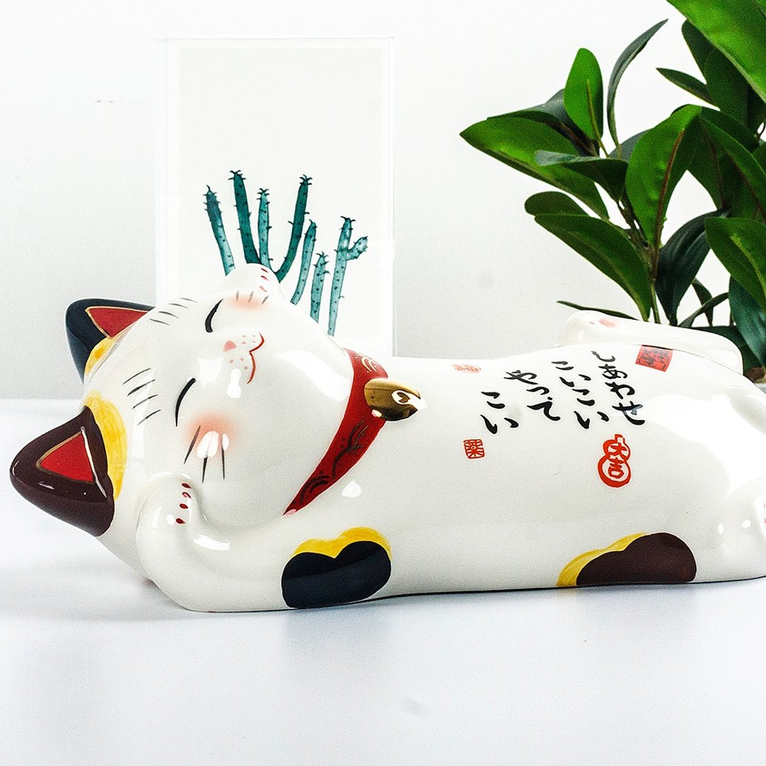 日本药师窑幸福开运陶枕侧躺招财猫存钱摆件生日开业乔迁创意礼大 - 摆饰 - 陶 